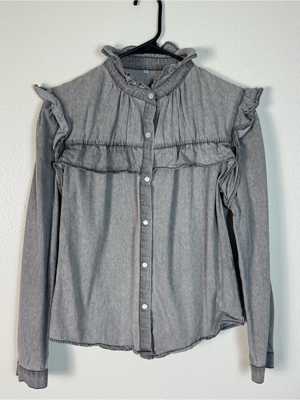 SHEIN Gray Denim Ruffle Button Down Shirt Long Sleeve Western Blouse Small